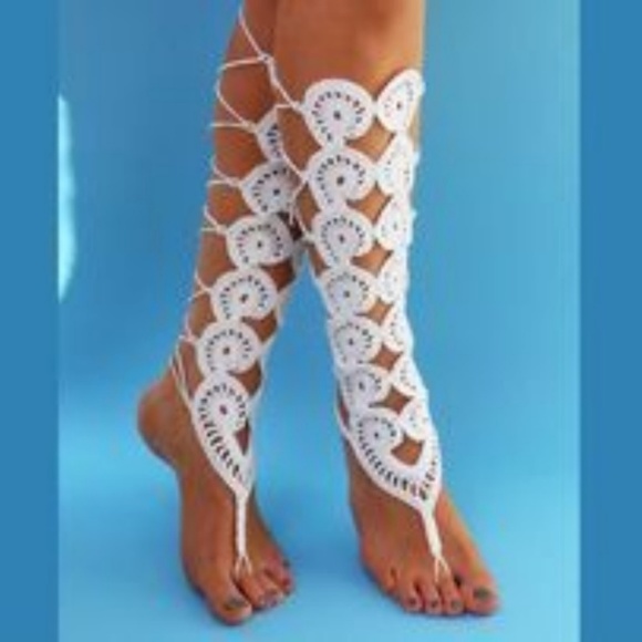 White Handmade Crochet Barefoot Gladiator Sandals - Picture 3 of 5